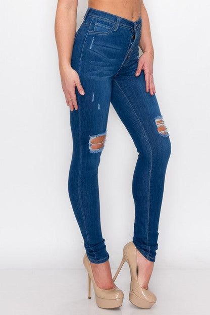 Exposed buttons high waist ripped knee skinny jeans LO166-Jeans-Lover Brand-RK Collections Boutique