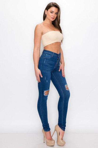 Exposed buttons high waist ripped knee skinny jeans LO166-Jeans-Lover Brand-RK Collections Boutique