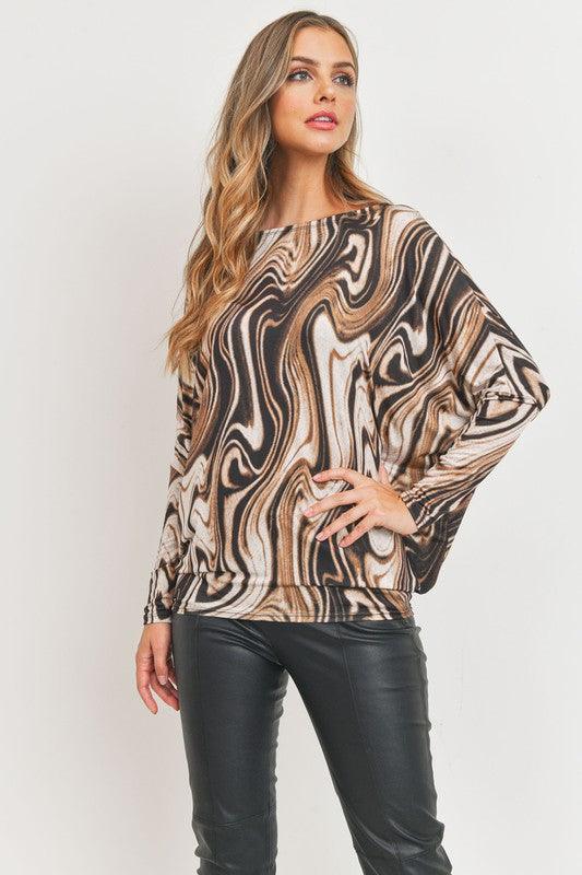 long sleeve marble printed dolman top - RK Collections Boutique