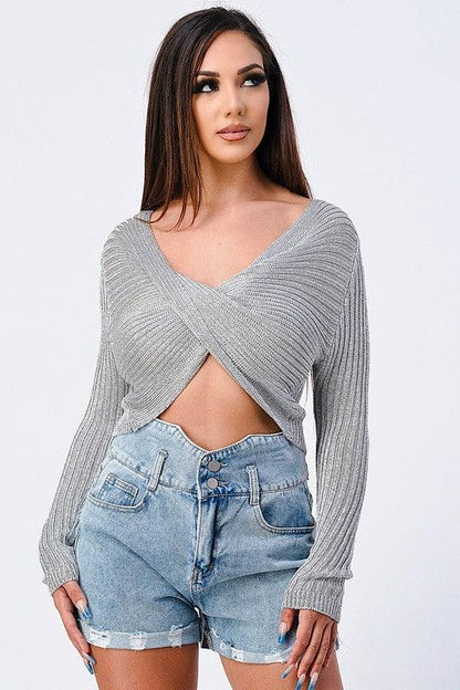 metallic cross front cropped sweater-Tops-Sweater-Privy-RK Collections Boutique