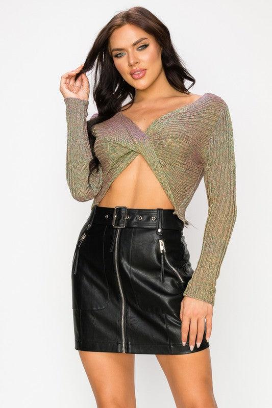 metallic cross front cropped sweater-Tops-Sweater-Privy-RK Collections Boutique