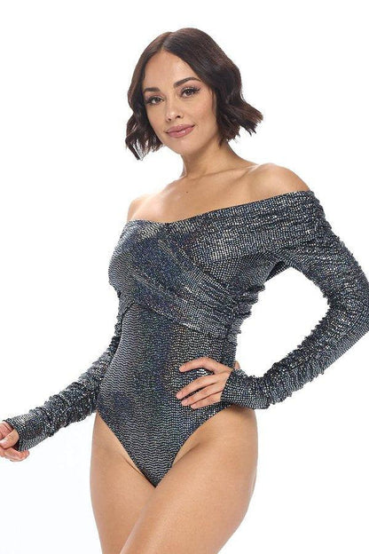 metallic off shoulder wrap front bodysuit - RK Collections Boutique