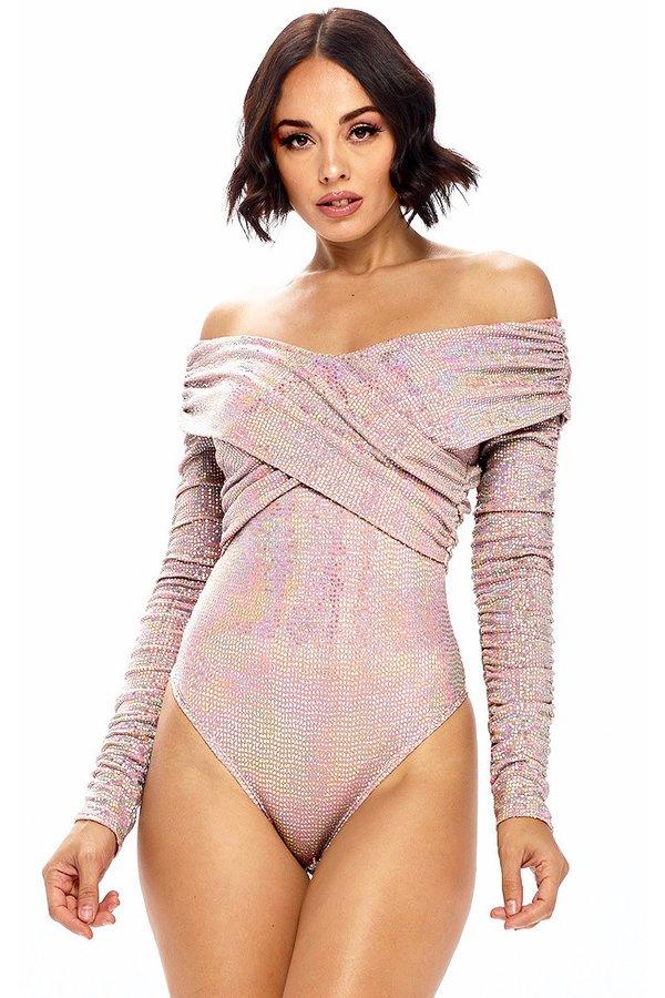 metallic off shoulder wrap front bodysuit - RK Collections Boutique