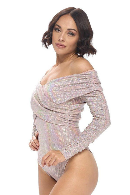 metallic off shoulder wrap front bodysuit - RK Collections Boutique