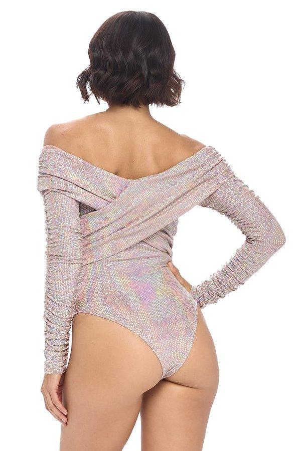 metallic off shoulder wrap front bodysuit - RK Collections Boutique