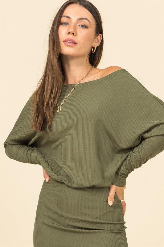 off one shoulder ribbed knit dolman sleeve mini dress - RK Collections Boutique