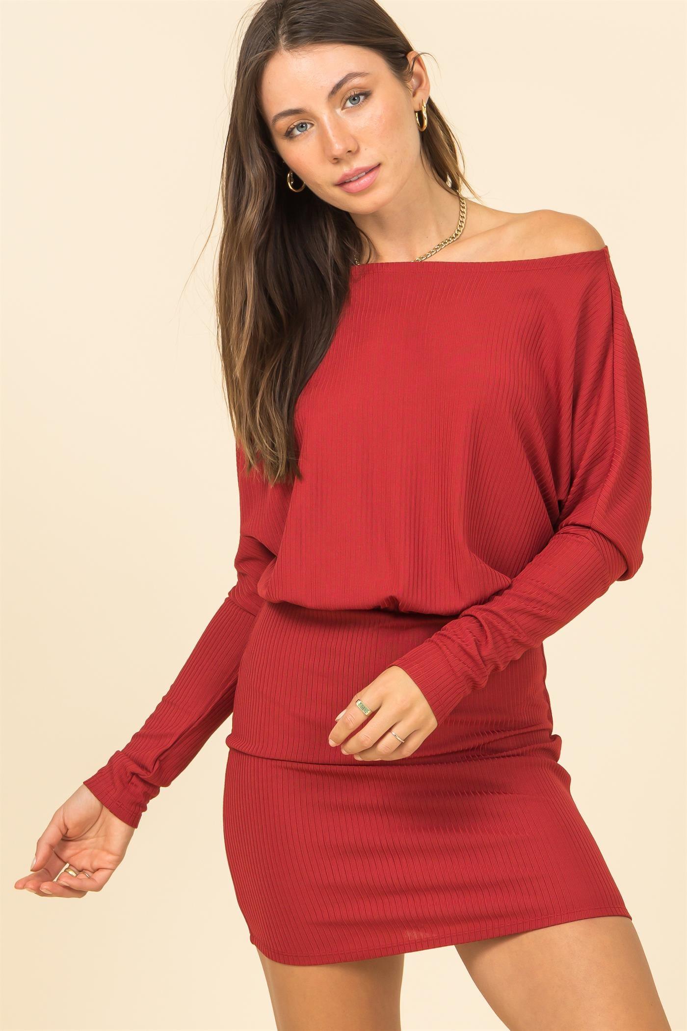 off one shoulder ribbed knit dolman sleeve mini dress - RK Collections Boutique