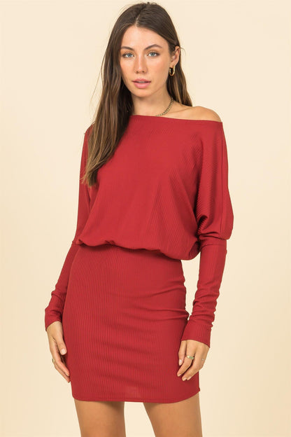 off one shoulder ribbed knit dolman sleeve mini dress - RK Collections Boutique