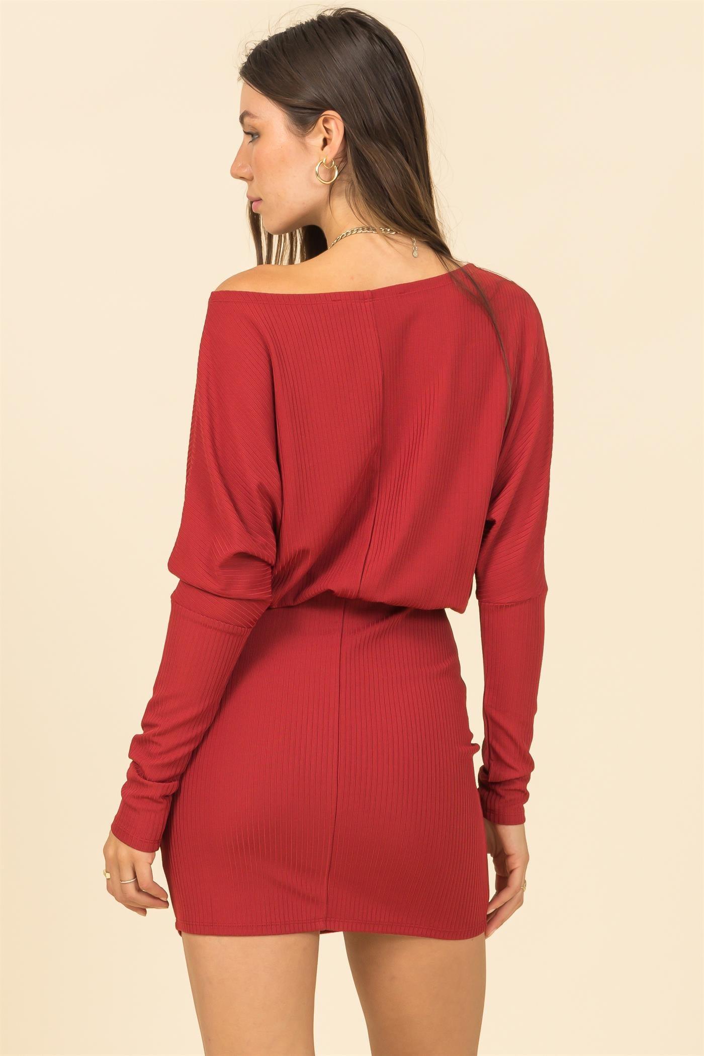 off one shoulder ribbed knit dolman sleeve mini dress - RK Collections Boutique