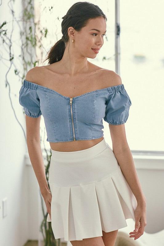 off the shoulder denim zip up crop top-Tops-Short Sleeve-Blue Blush-RK Collections Boutique