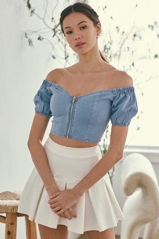 off the shoulder denim zip up crop top-Tops-Short Sleeve-Blue Blush-RK Collections Boutique