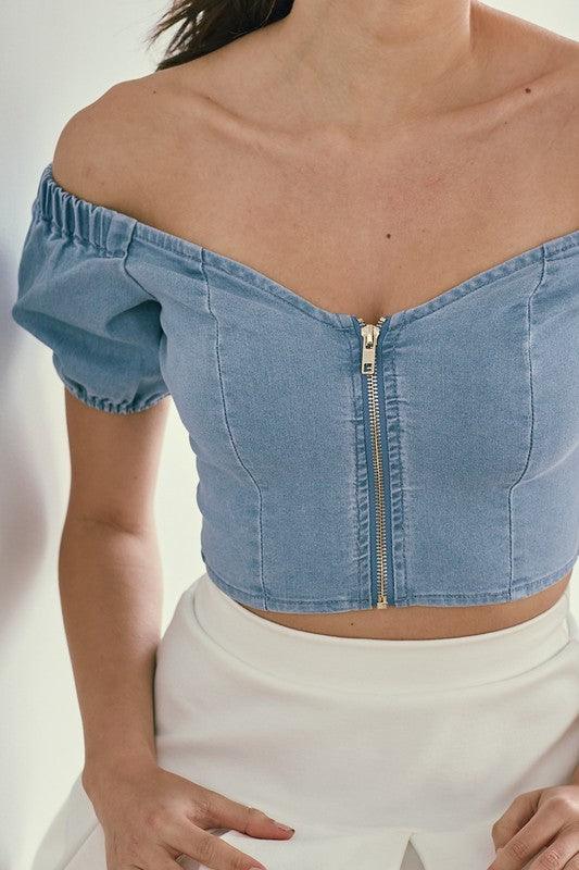 off the shoulder denim zip up crop top-Tops-Short Sleeve-Blue Blush-RK Collections Boutique