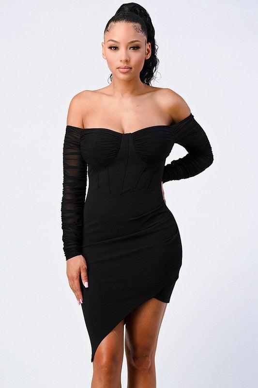 off the shoulder ribbed asymmetrical bodycon dress - RK Collections Boutique