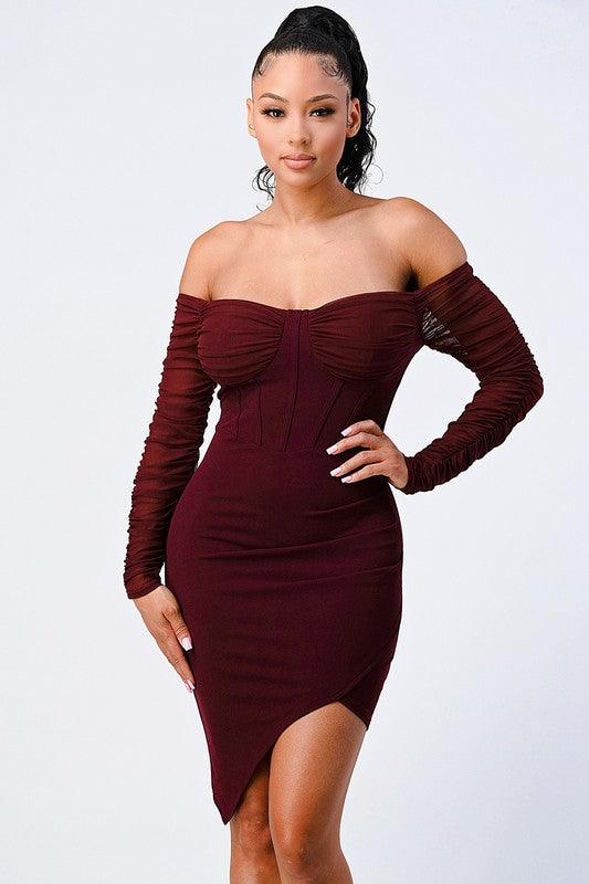 off the shoulder ribbed asymmetrical bodycon dress - RK Collections Boutique