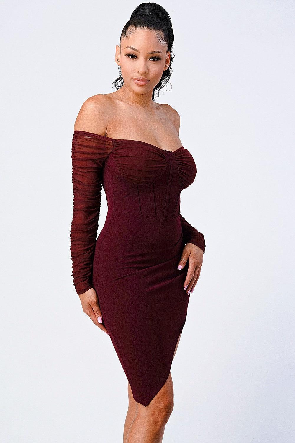 off the shoulder ribbed asymmetrical bodycon dress - RK Collections Boutique