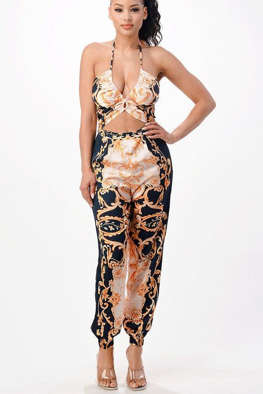 printed jogger cutout halter jumpsuit-Jumpsuit-Her Bottari-RK Collections Boutique