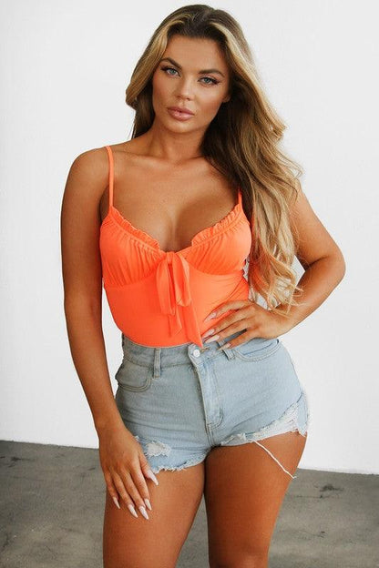 ruched tie font bodysuit-Tops-Bodysuit-TicToc-Neon Orange-JA24422-4-RK Collections Boutique