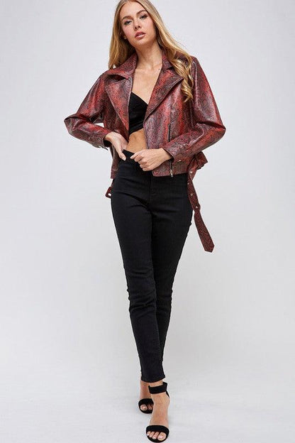 Snakeskin print faux leather biker jacket - RK Collections Boutique