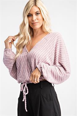 Surplice Ribbed Top With Drawstring-Tops-Long Sleeve-Glam-RK Collections Boutique