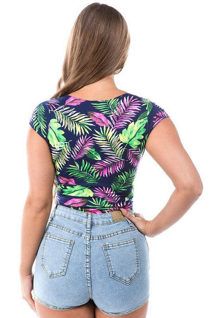 Tropical cap sleeve v neck cutout bodysuit-Tops-Bodysuit-DAY G-RK Collections Boutique