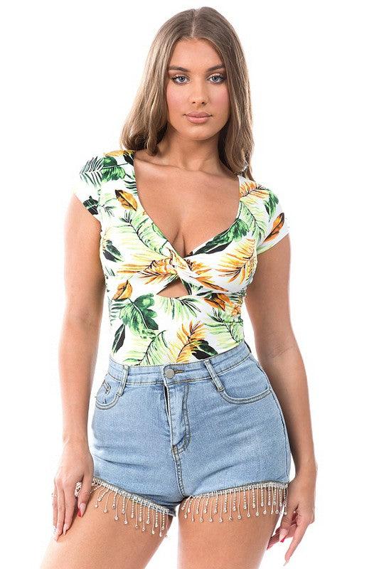 Tropical cap sleeve v neck cutout bodysuit-Tops-Bodysuit-DAY G-RK Collections Boutique