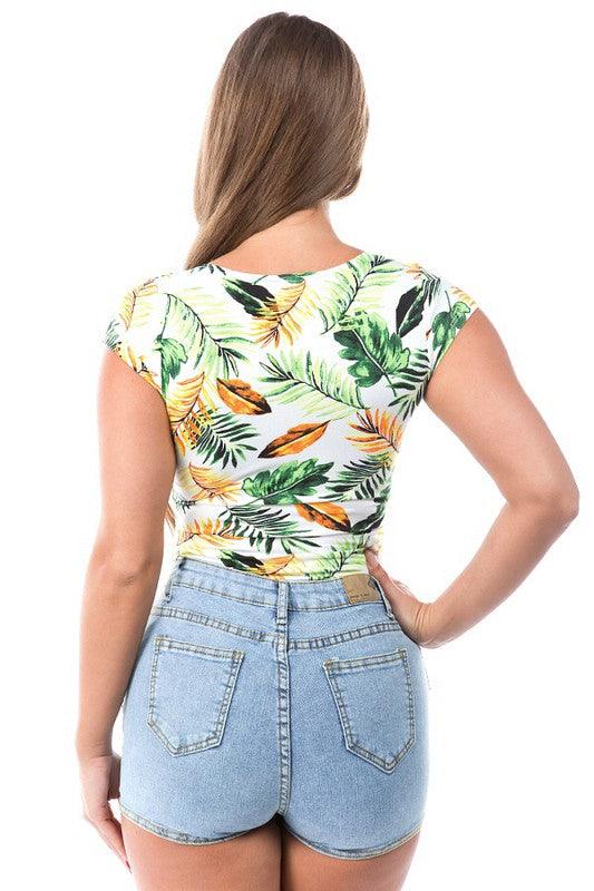 Tropical cap sleeve v neck cutout bodysuit-Tops-Bodysuit-DAY G-RK Collections Boutique