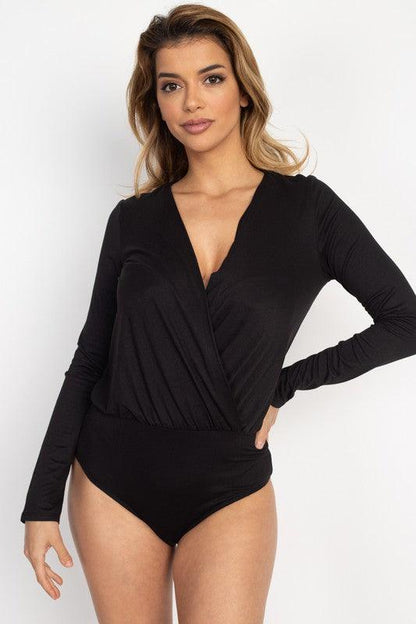 V Neck Surplice Long Sleeve Bodysuit-Tops-Bodysuit-Iris-Black-BT01620-4-RK Collections Boutique