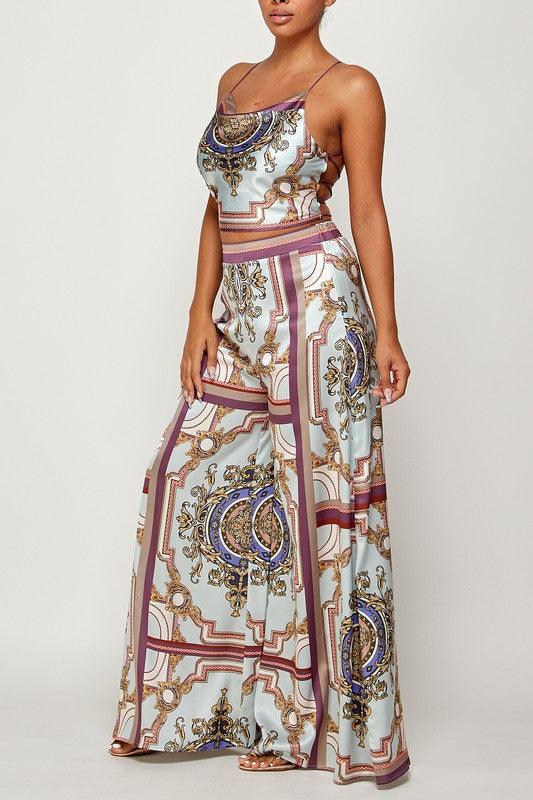 2pc set- print open back scarf top & wide leg pants-Pants Set-Her Bottari-RK Collections Boutique