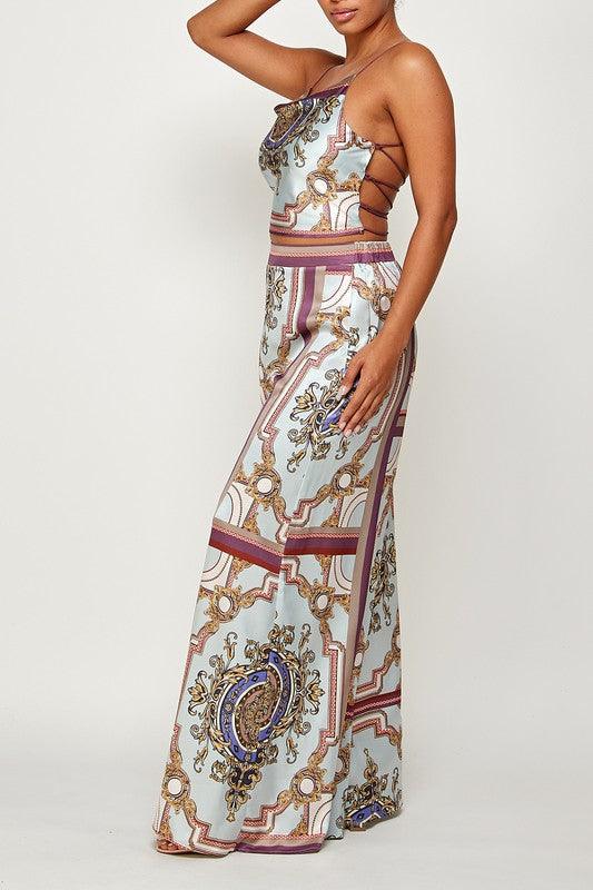 2pc set- print open back scarf top & wide leg pants-Pants Set-Her Bottari-RK Collections Boutique