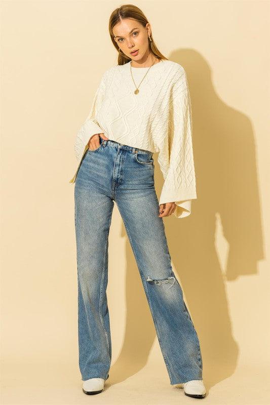 wide sleeve cable knit crop sweater-Tops-Sweater-Hyfve-RK Collections Boutique